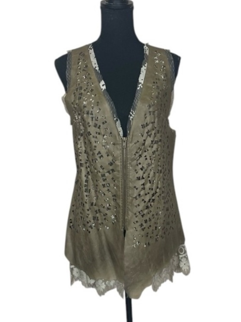 V Cristina Faux Leather Lace Detail Full Zip Vest
